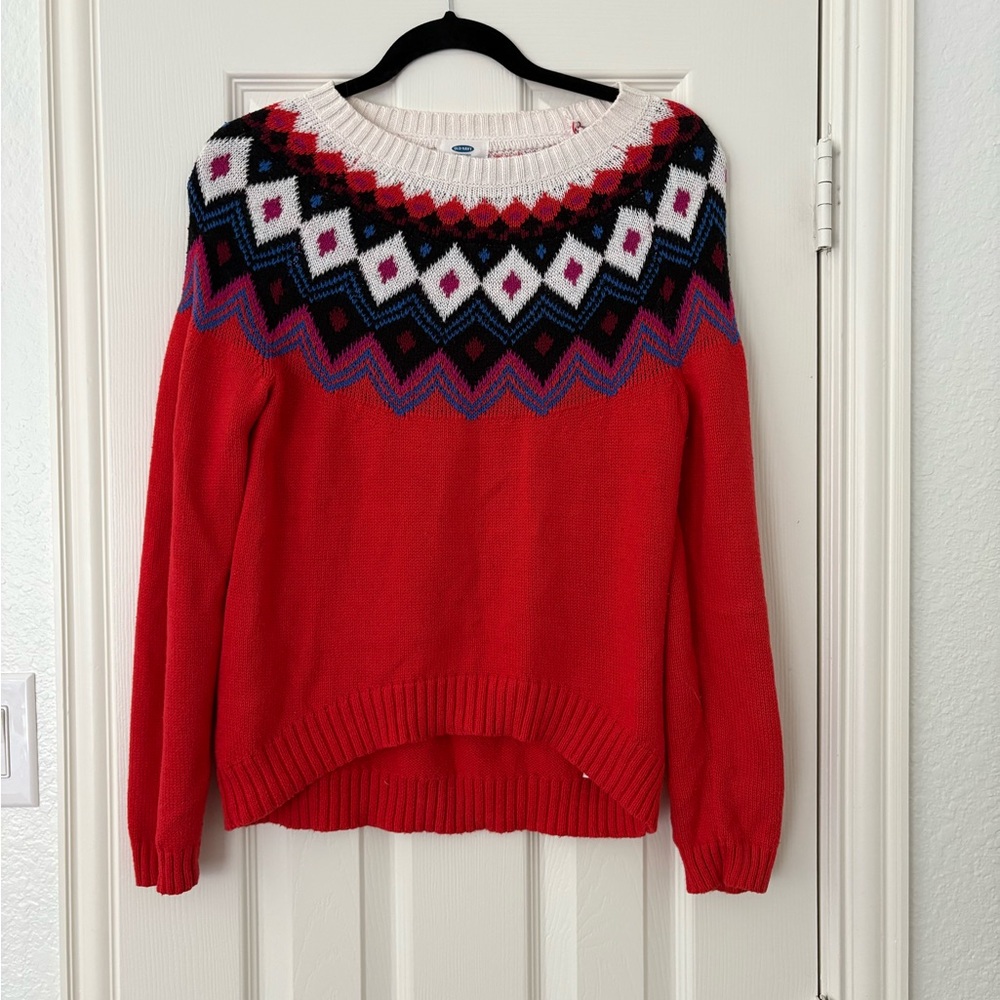 Old Navy Red and White Crew Neck Sweater with Fair Isle Design